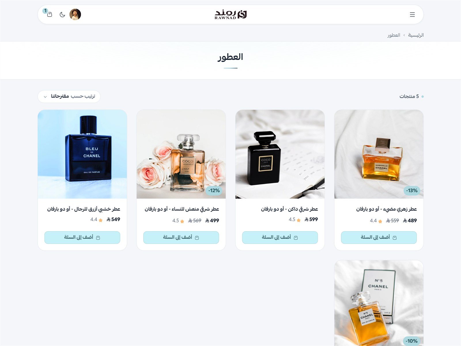 صفحة تصنيف بشبكة منتجات وخيارات الترتيب